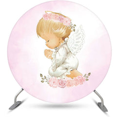 Lofaris White Pink Floral Wing Angel Baby Baptism Backdrop