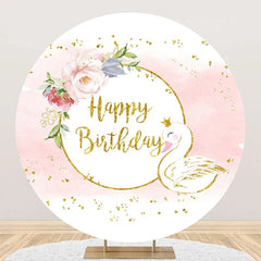 Lofaris White Pink Gold Floral Swan Round Birthday Backdrop