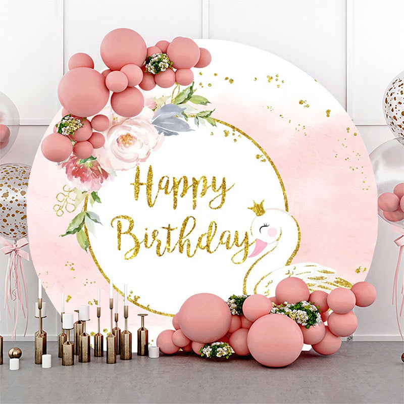 Lofaris White Pink Gold Floral Swan Round Birthday Backdrop