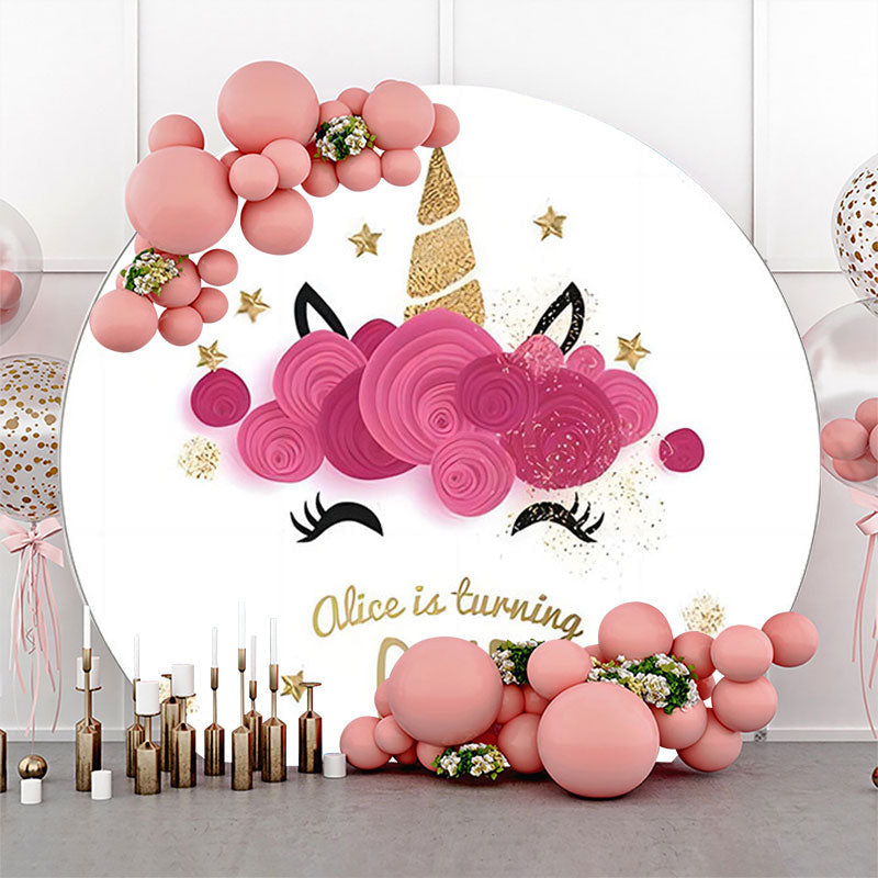 Lofaris White Pink Gold Unicorn Round 1st Birthday Backdrop