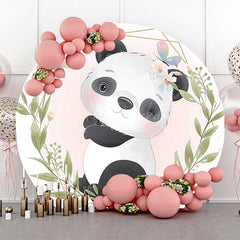 Lofaris White Pink Greenery Panda Round Baby Shower Backdrop