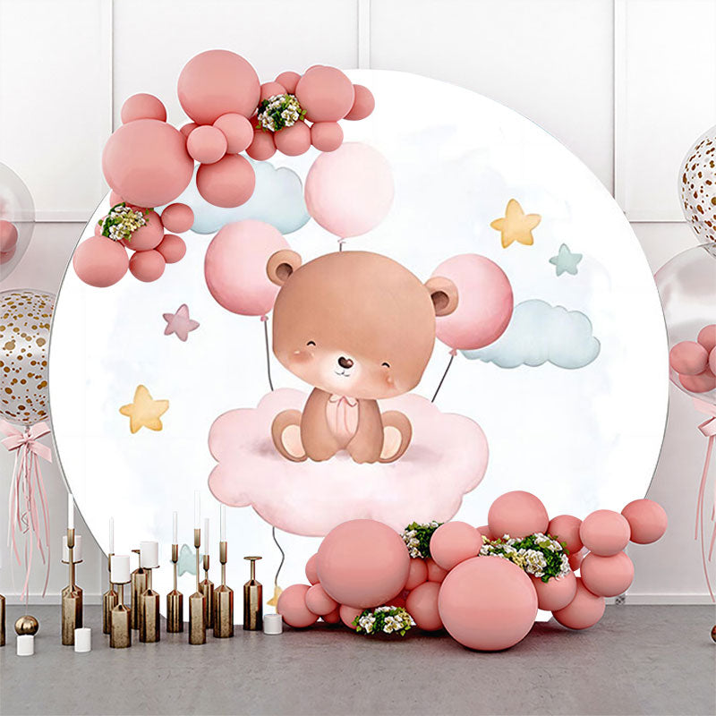 Lofaris White Pink Simling Bear Round Baby Shower Backdrop