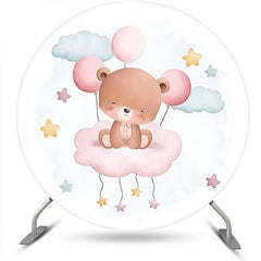 Lofaris White Pink Simling Bear Round Baby Shower Backdrop