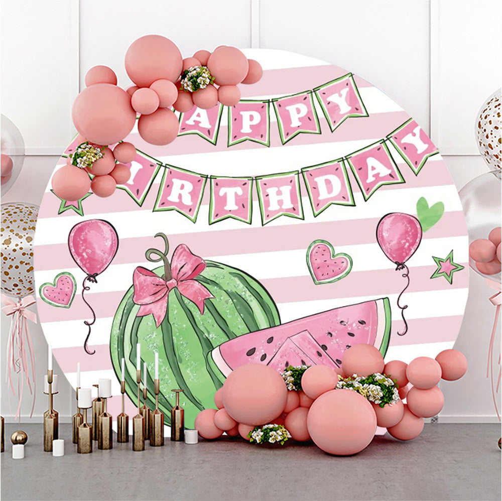 Lofaris White Pink Stripe Watermelon Round Birthday Backdrop