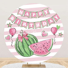 Lofaris White Pink Stripe Watermelon Round Birthday Backdrop