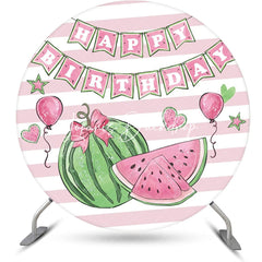 Lofaris White Pink Stripe Watermelon Round Birthday Backdrop