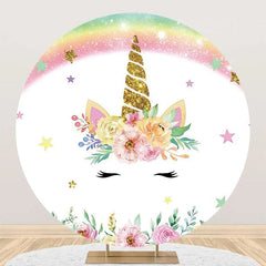 Lofaris White Pink Unicorn Floral Round Birthday Backdrop