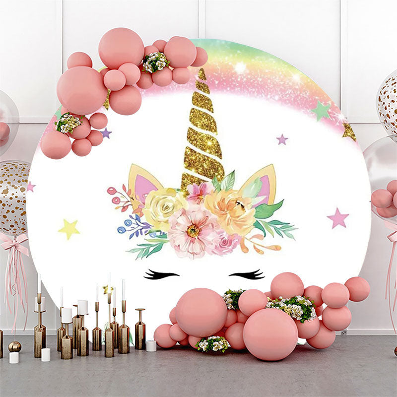 Lofaris White Pink Unicorn Floral Round Birthday Backdrop