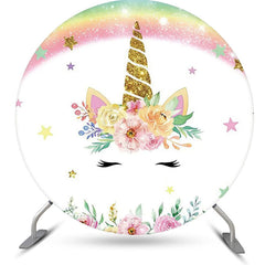 Lofaris White Pink Unicorn Floral Round Birthday Backdrop