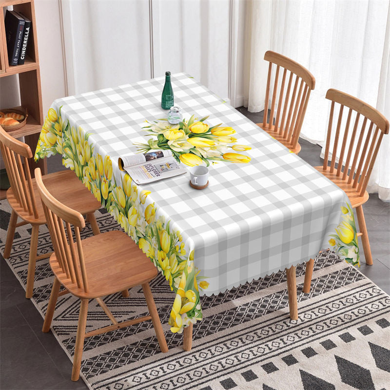 Lofaris White Plaid Tulip Rectangle Tablecloth for Kitchen