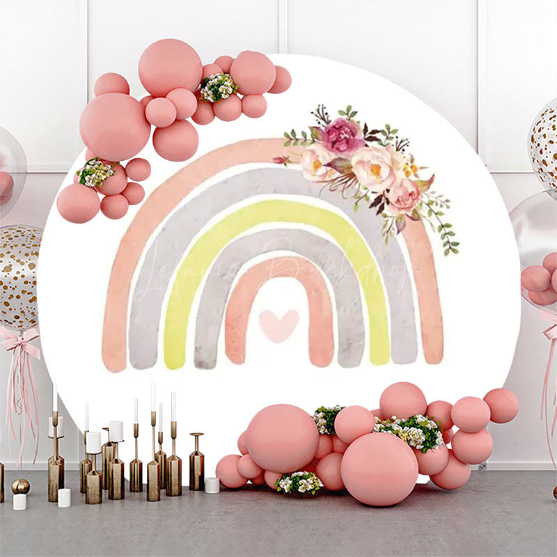 Lofaris White Rainbow Floral Boho Round Birthday Backdrop