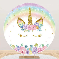 Lofaris White Rainbow Unicorn Floral Round Birthday Backdrop