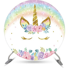 Lofaris White Rainbow Unicorn Floral Round Birthday Backdrop