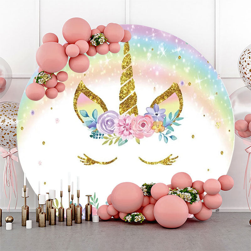 Lofaris White Rainbow Unicorn Floral Round Birthday Backdrop