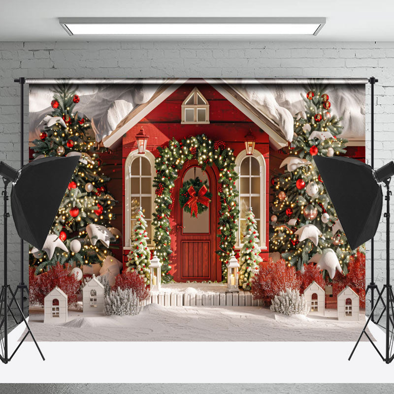 Lofaris White Red House Trees Snow Christmas Photo Backdrop