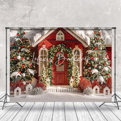 Lofaris White Red House Trees Snow Christmas Photo Backdrop