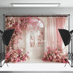 Lofaris White Retro Arch Door Pink Floral Wedding Backdrop