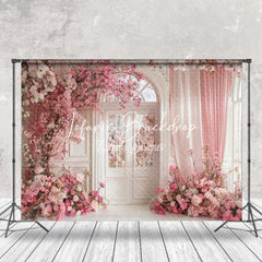 Lofaris White Retro Arch Door Pink Floral Wedding Backdrop