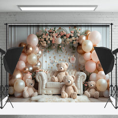 Lofaris White Room Sofa Balloons Bear Cake Smash Backdrop