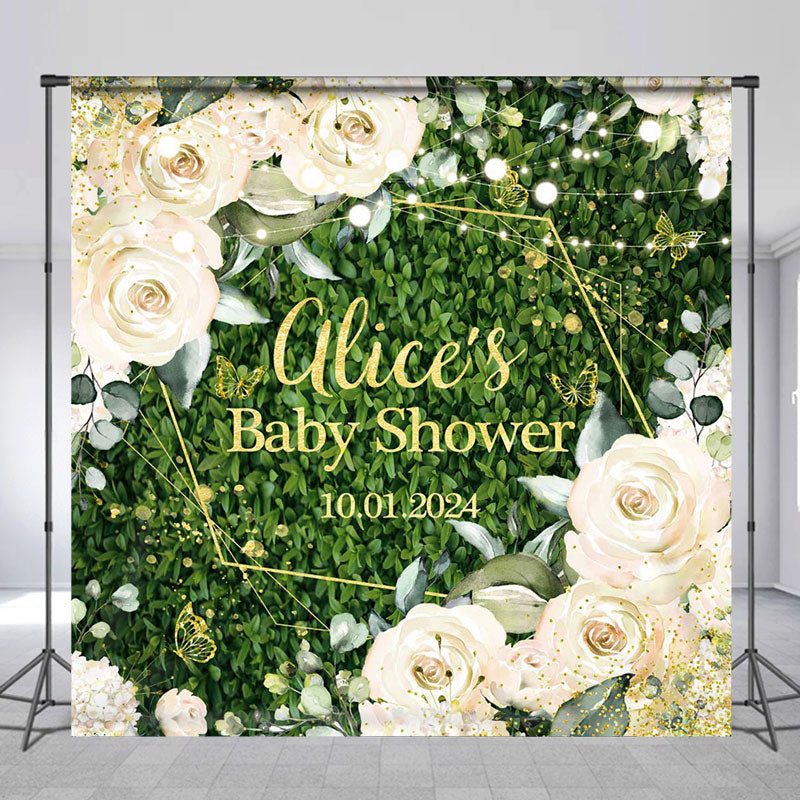 Lofaris White Rose Green Leaves Custom Baby Shower Backdrop