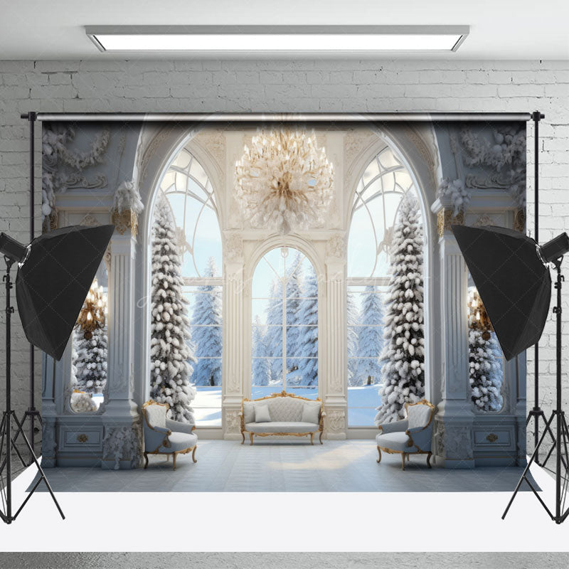 Lofaris White Snowy Tree Luxury Window Winter Photo Backdrop