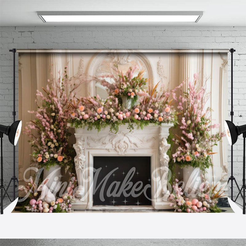 Lofaris White Wall And Pink Flower Fireplace Easter Backdrop