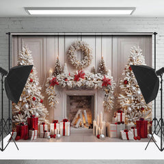 Lofaris White Wall Gifts Trees Fireplace Christmas Backdrop