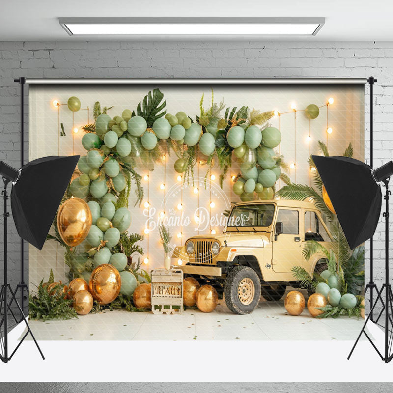 Lofaris White Wall Green Balloons Car Cake Smash Backdrop