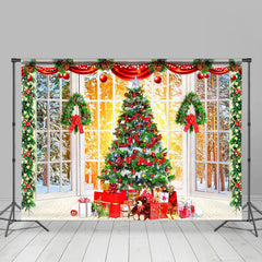 Lofaris White Window Green Xmas Tree Christmas Backdrop