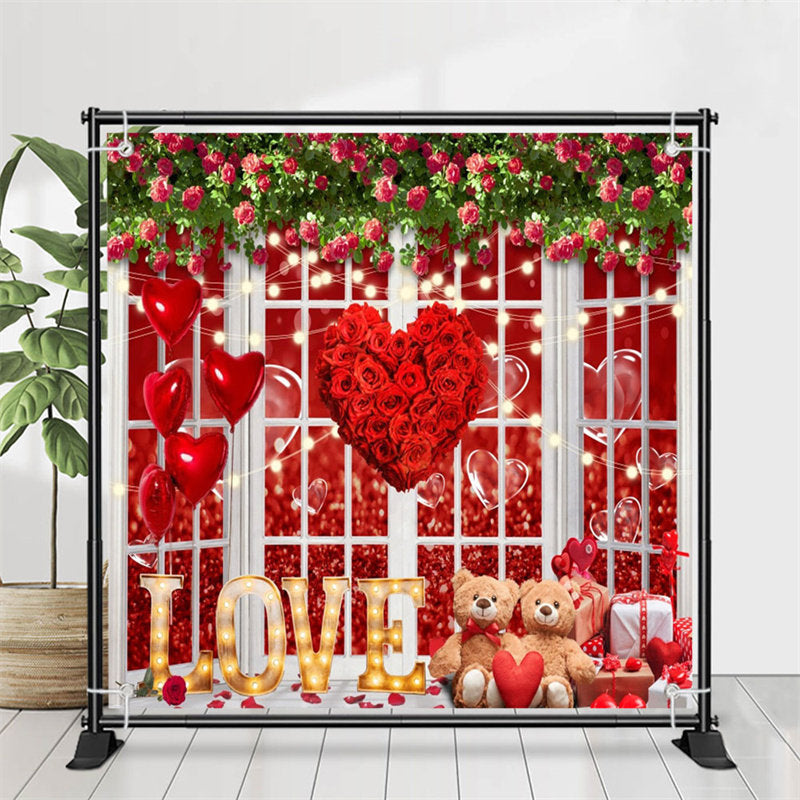 Lofaris White Window Rose Heart Bear Valentines Day Backdrop