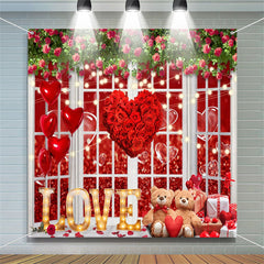 Lofaris White Window Rose Heart Bear Valentines Day Backdrop