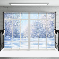 Lofaris White Window Snowy World Forest Winter Backdrop