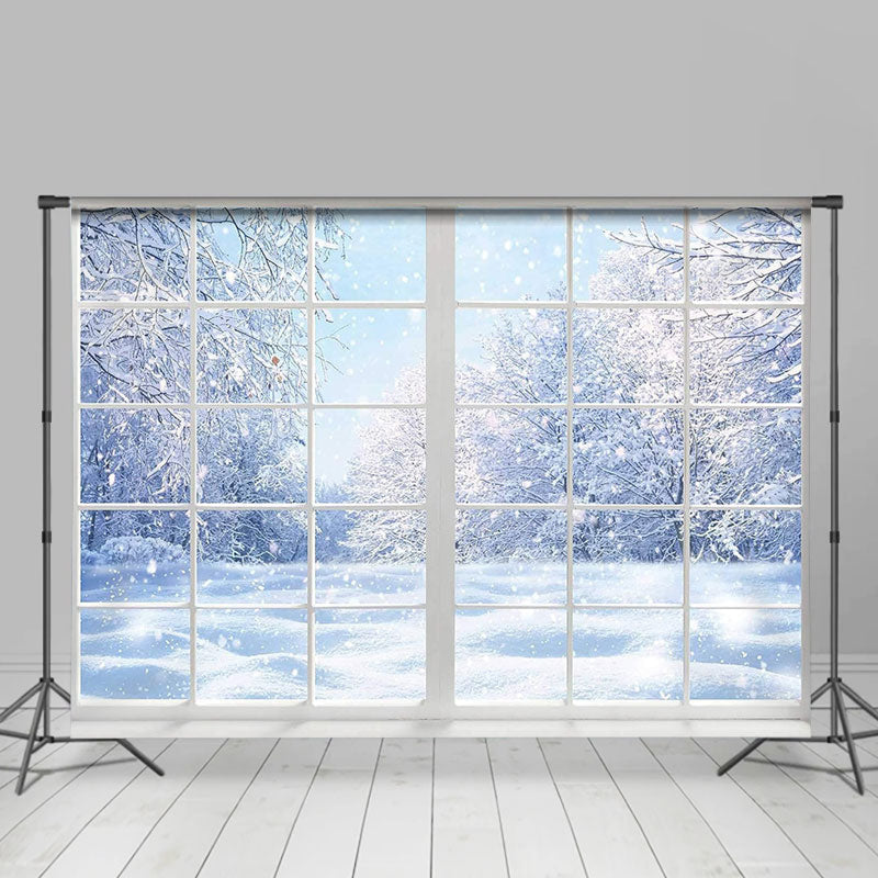 Lofaris White Window Snowy World Forest Winter Backdrop