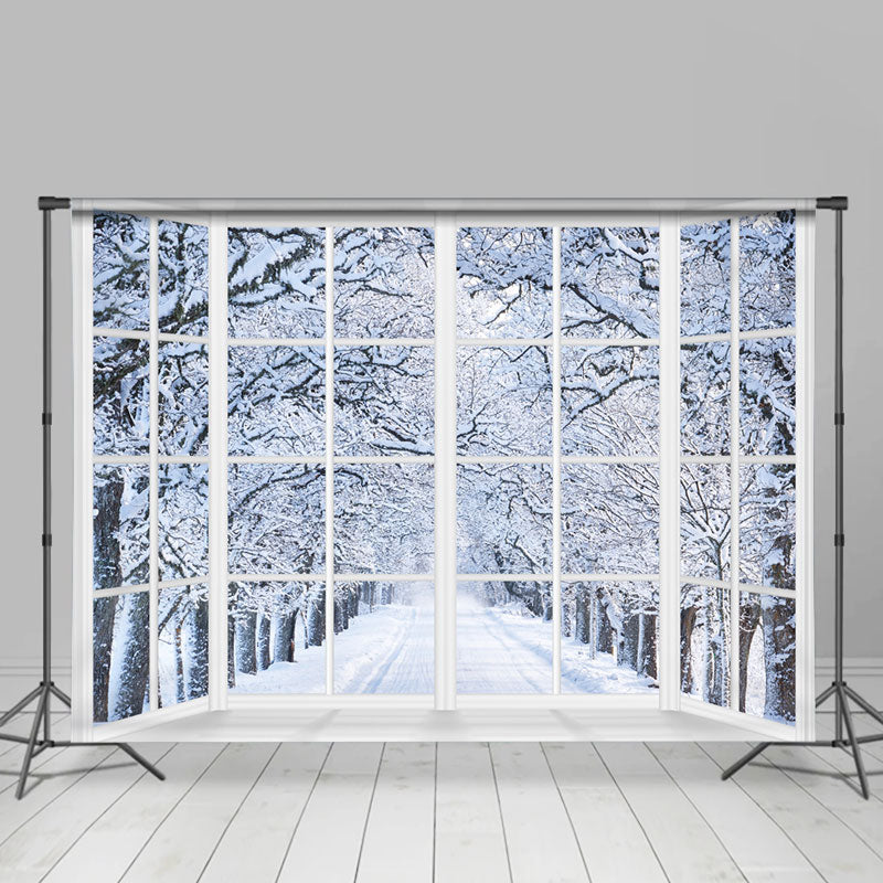 Lofaris White Window Winter Snowy Forest Trees Backdrop