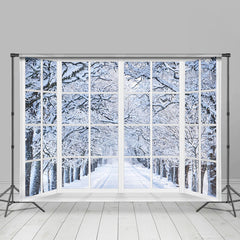 Lofaris White Window Winter Snowy Forest Trees Backdrop