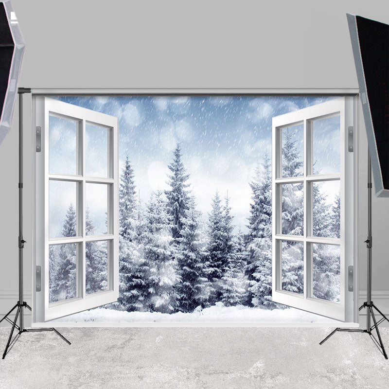 Lofaris White Window With Snowy Forest Cold Winter Backdrop