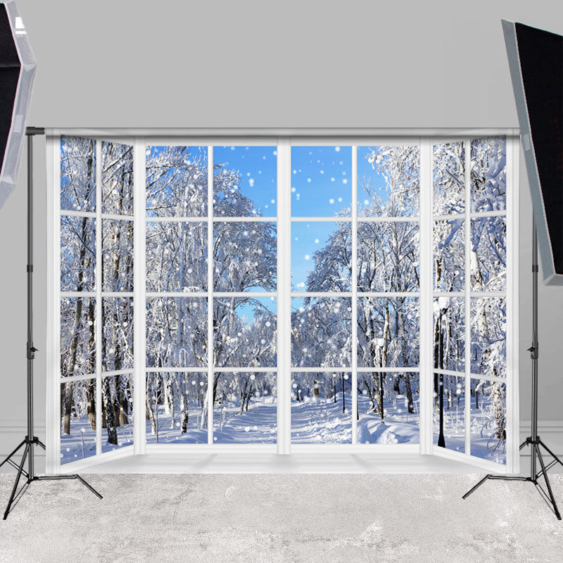 Lofaris White Window With Snowy Tree And Way Winter Backdrop