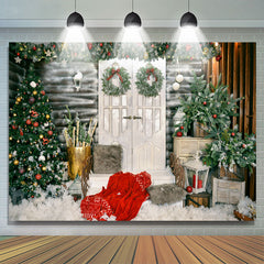 Lofaris White Wood Wall Door Green Tree Christmas Backdrop