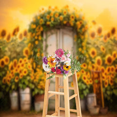 Lofaris White Wooden Door Sunflower Golden Photo Backdrop