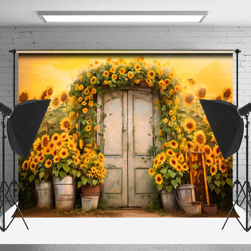 Lofaris White Wooden Door Sunflower Golden Photo Backdrop