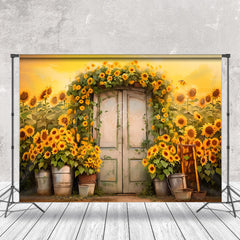 Lofaris White Wooden Door Sunflower Golden Photo Backdrop