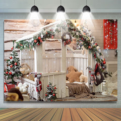 Lofaris White Wooden House Green Plant Christmas Backdrop