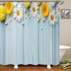 Lofaris White Yellow Daisy Light Blue Wooden Shower Curtain