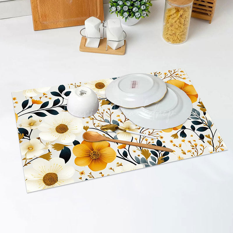 Lofaris White Yellow Floral Leaf Dining Set Of 4 Placemats