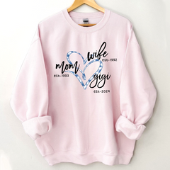 Lofaris Wife Mom Gigi Est Year Blue Flower Heart Sweatshirt