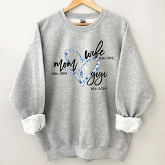 Lofaris Wife Mom Gigi Est Year Blue Flower Heart Sweatshirt