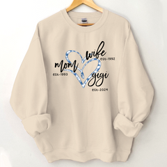 Lofaris Wife Mom Gigi Est Year Blue Flower Heart Sweatshirt