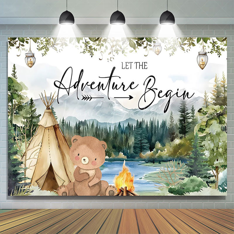 Lofaris Wild Camping Bear Adventure Begins Baby Shower Backdrop