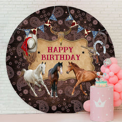 Lofaris Wild Horse West Cowboy Happy Birthday Round Backdrop