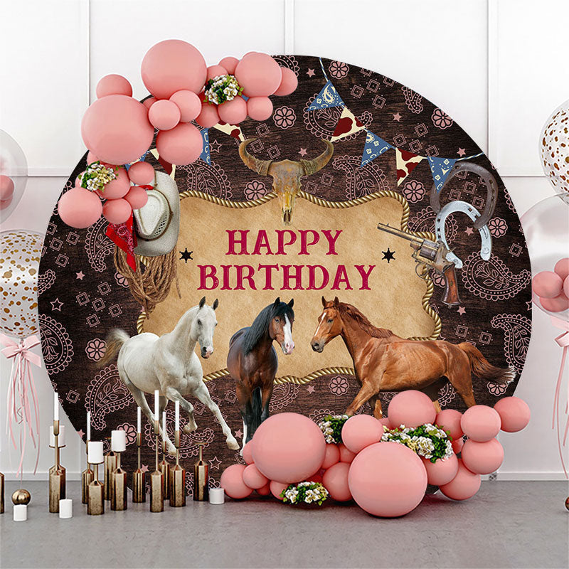 Lofaris Wild Horse West Cowboy Happy Birthday Round Backdrop